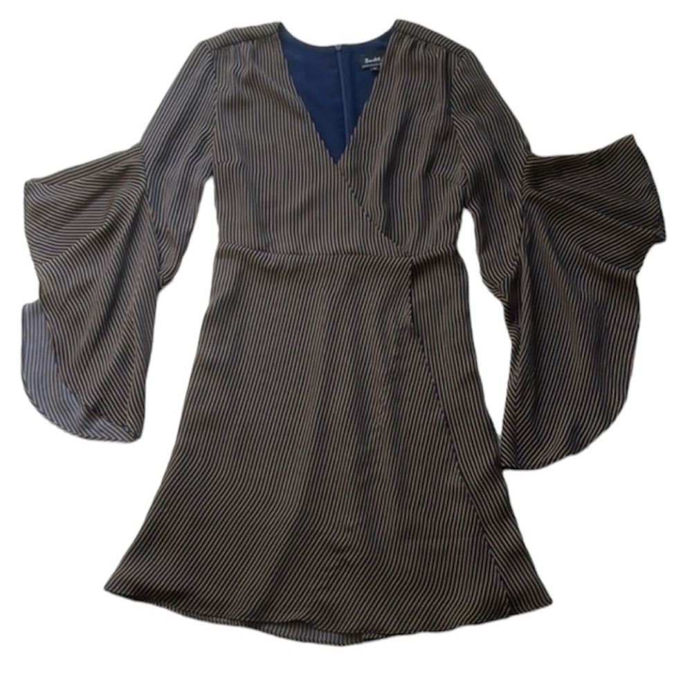 Bardot Gold & Navy Striped Flutter Bell Sleeve Dress Size 4